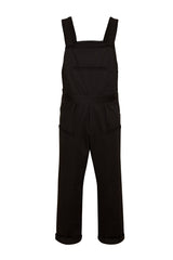 A pair of men's black overalls with hand-made crochet details, made from heavy cotton gabardine.