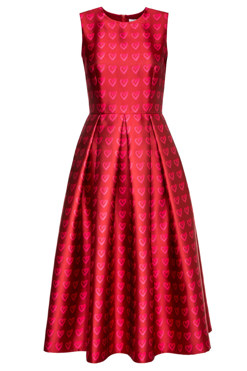Red Midi Dress with Box Pleats