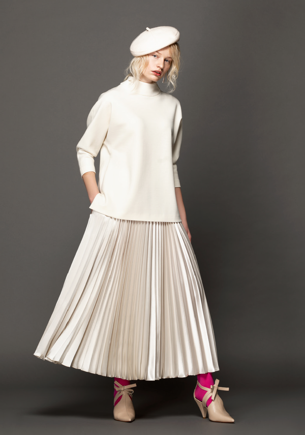 Glacier Pleated Satin Skirt with Pockets