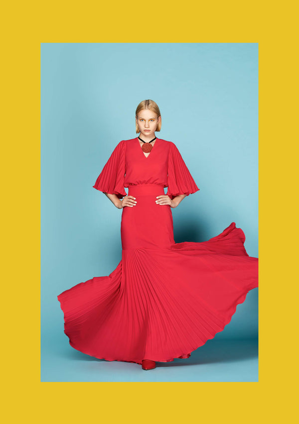 Ruby Gown with Pleated Godet and Sleeves